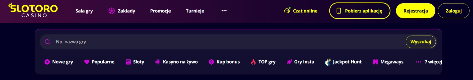 Polska wersja lobby Slotoro z kategoriami gier